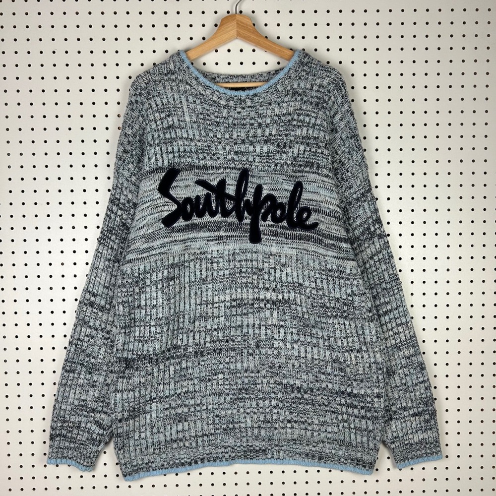 Southpole Y2K Mens XL Blue Grey Marl Script Logo Knit Sweater Chunky Skater 90s